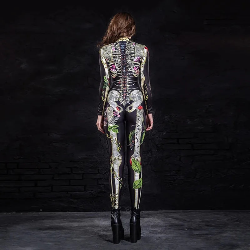 S-XL Halloween Women Outfits Cosplay Clothing Halloween Horror Human Skeleton Tight Jumpsuit Scary Costumes Playsuit BodySuit