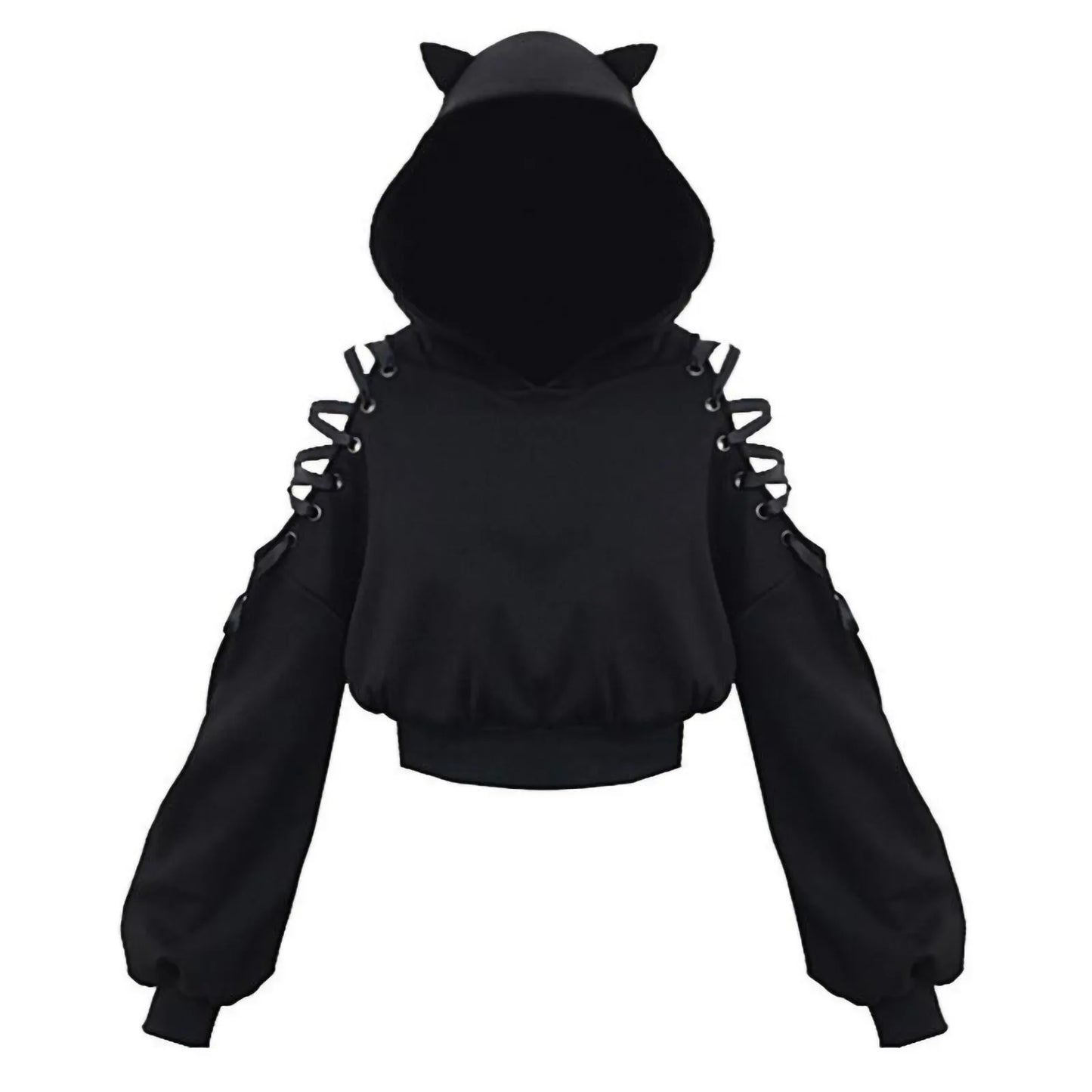 Cat Ear Cropped Hoodie Long Sleeve Black Gothic Hoodies Bandage Hollow Out Punk Hooded Sweatshirt E-Girls Y2k Clothing Gothic