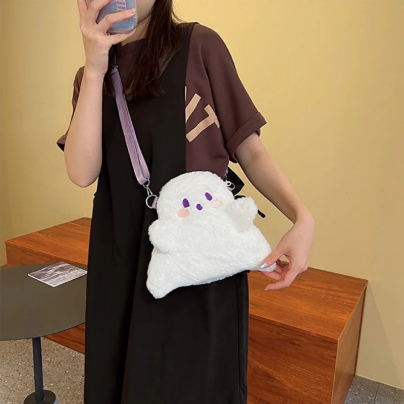 Cute Ghost Plush Backpack Kawaii Fluffy Crossbody Bag Cartoon Women Messenger Fashion Shoulder Bag Girl Casual Purse Handbag