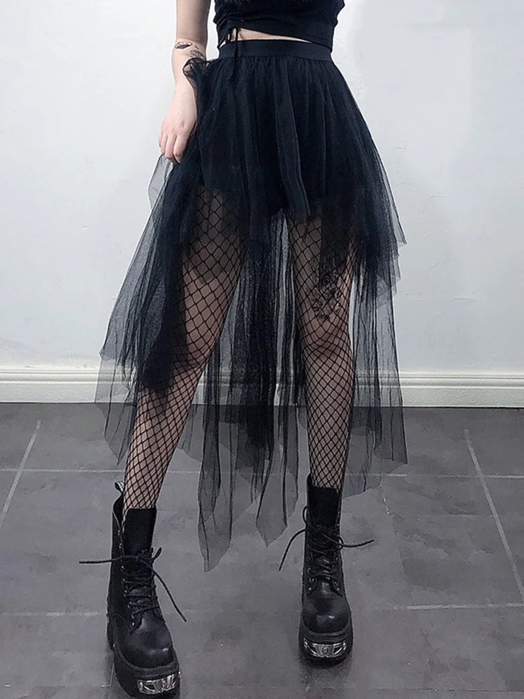 AltGoth Mall Gothic Mesh Skirt Women Fairy Grunge Harajuku Punk High Waist Irregular Skirt Emo Alternative Fairycore Skirt Femme