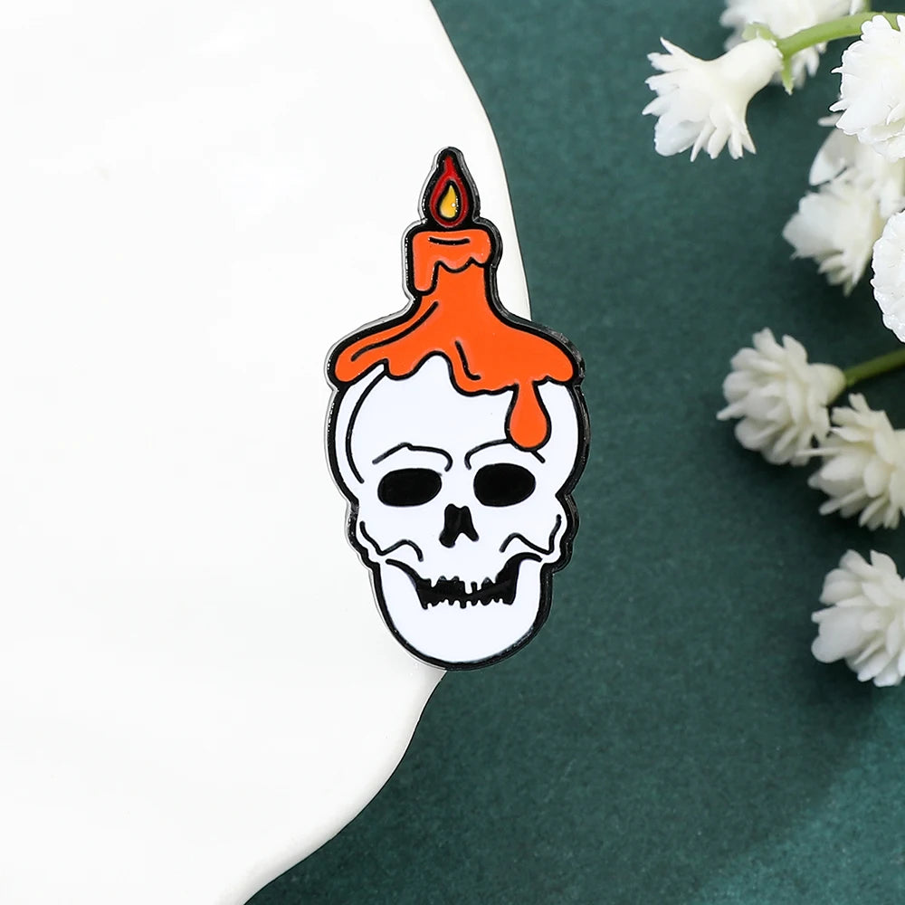 New Creative Halloween Skull Brooch Funny Pumpkin Skeleton Candle Scary Holiday Metal Badge Accessory Clothes Lapel Pin Jewelry