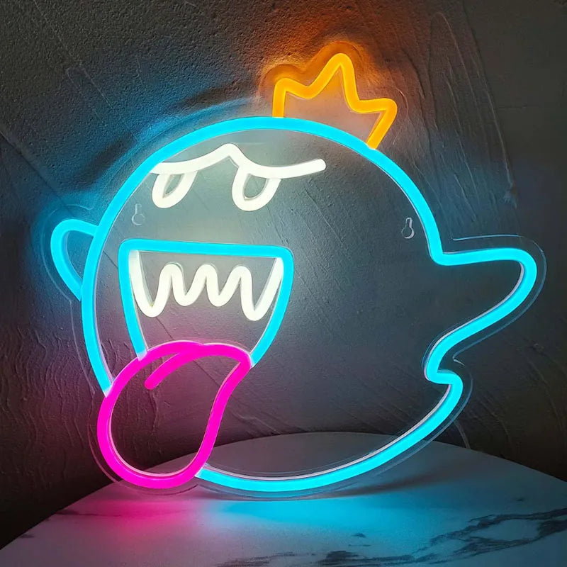 Neon Sign King Boo The Ghost Face LED Neon Light Mario Lamp Acrylic Sign for Game Room Gifts for Boy Room Decor