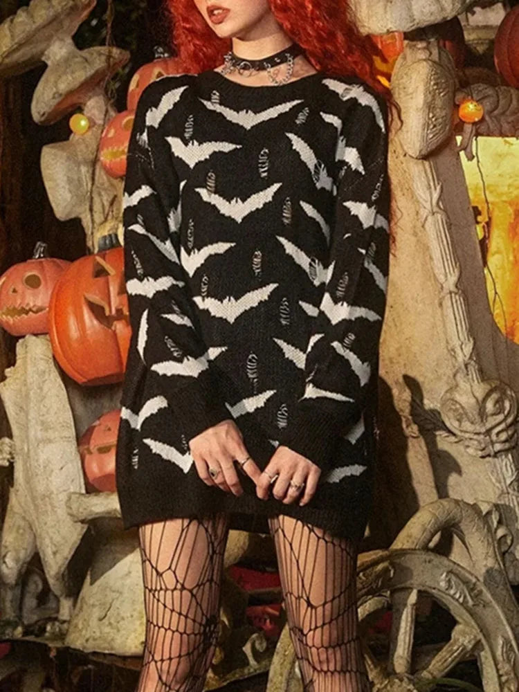 Dark Gothic Bat Pattern Knitted Sweater Y2K Punk Grunge E Girl Round Neck Long Sleeve Loose Street Torn Pullover