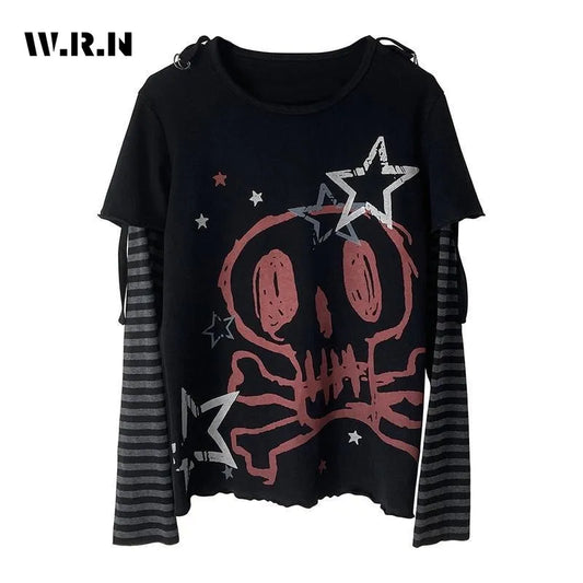 Autumn Winter Y2K Subculture Tshirt Long Sleeve Faux Two Piece Harajuku Loose Punk Tees Casual Rock Emo Grunge Aesthetic Tops