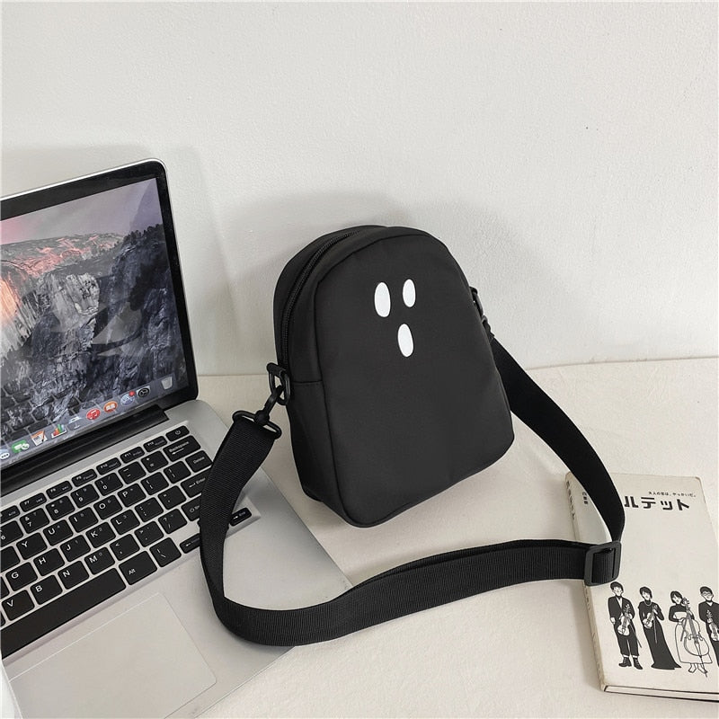 Black White Funny Cute Ghost Kawaii Women Canvas Bag Cartoon Harajuku Chic Ins Shopper Bag Women Shoulder Bags Large Capacity