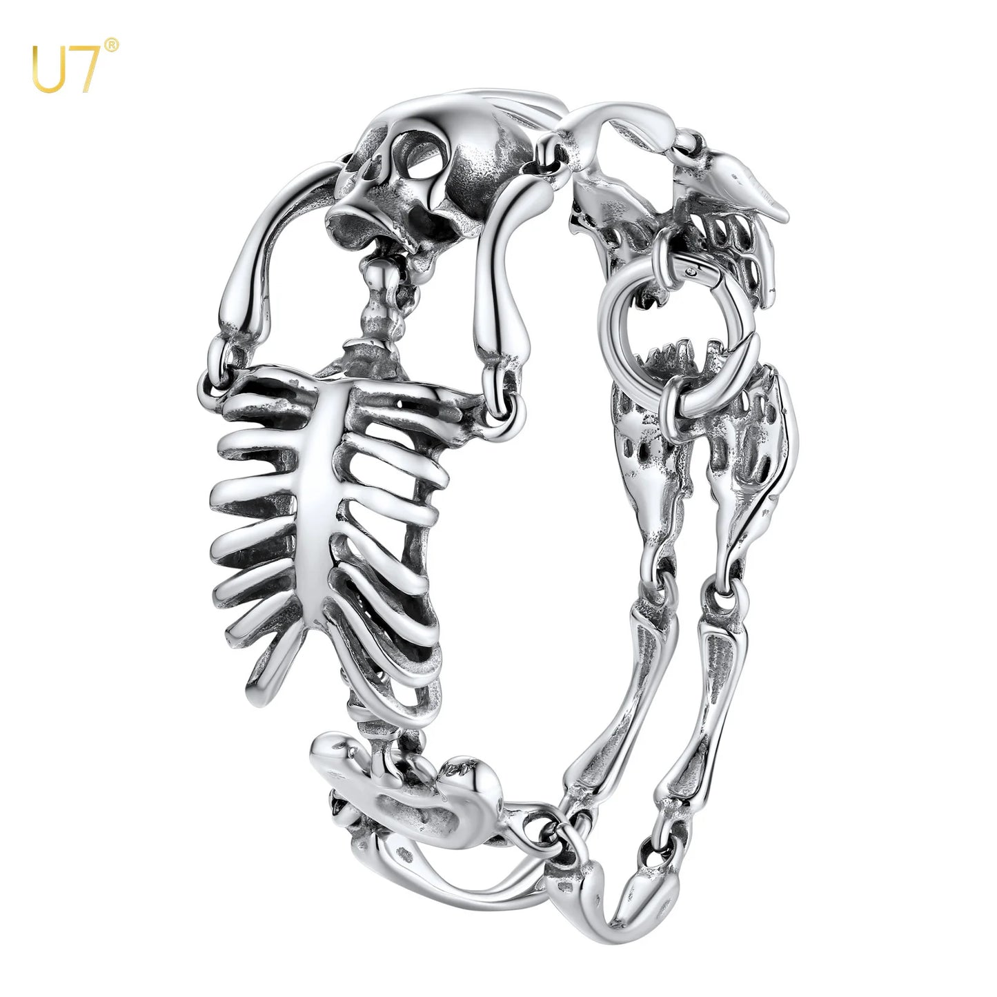 Stainless Steel Gothic Skull Bracelet for Men Steampunk Heavy Skeleton Wristband Chains Halloween Party Accessories