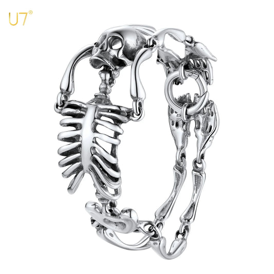 Stainless Steel Gothic Skull Bracelet for Men Steampunk Heavy Skeleton Wristband Chains Halloween Party Accessories