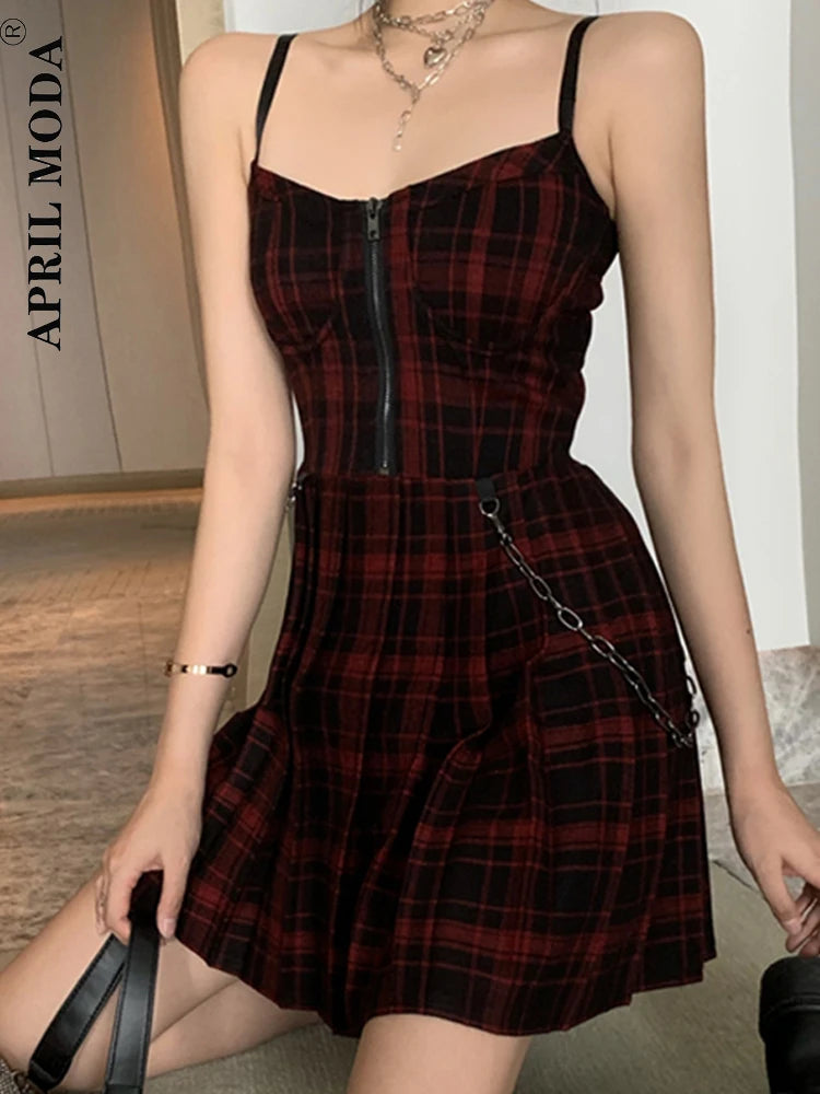 Gothic Girls Red Plaid Pleated Emo Alt Dress Y2K Zip Up Robe Femme Punk Black Spaghetti Strap Mini Short Jurken Goth Streetwear