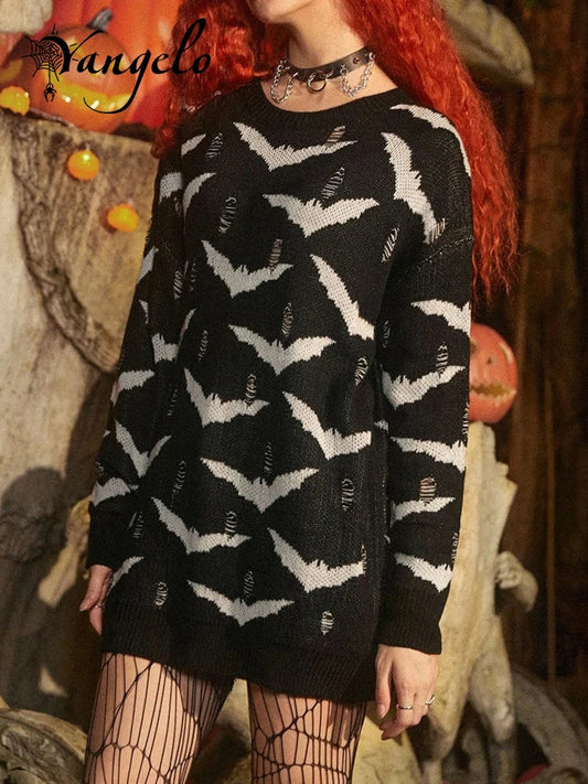 Dark Gothic Bat Pattern Knitted Sweater Y2K Punk Grunge E Girl Round Neck Long Sleeve Loose Street Torn Pullover