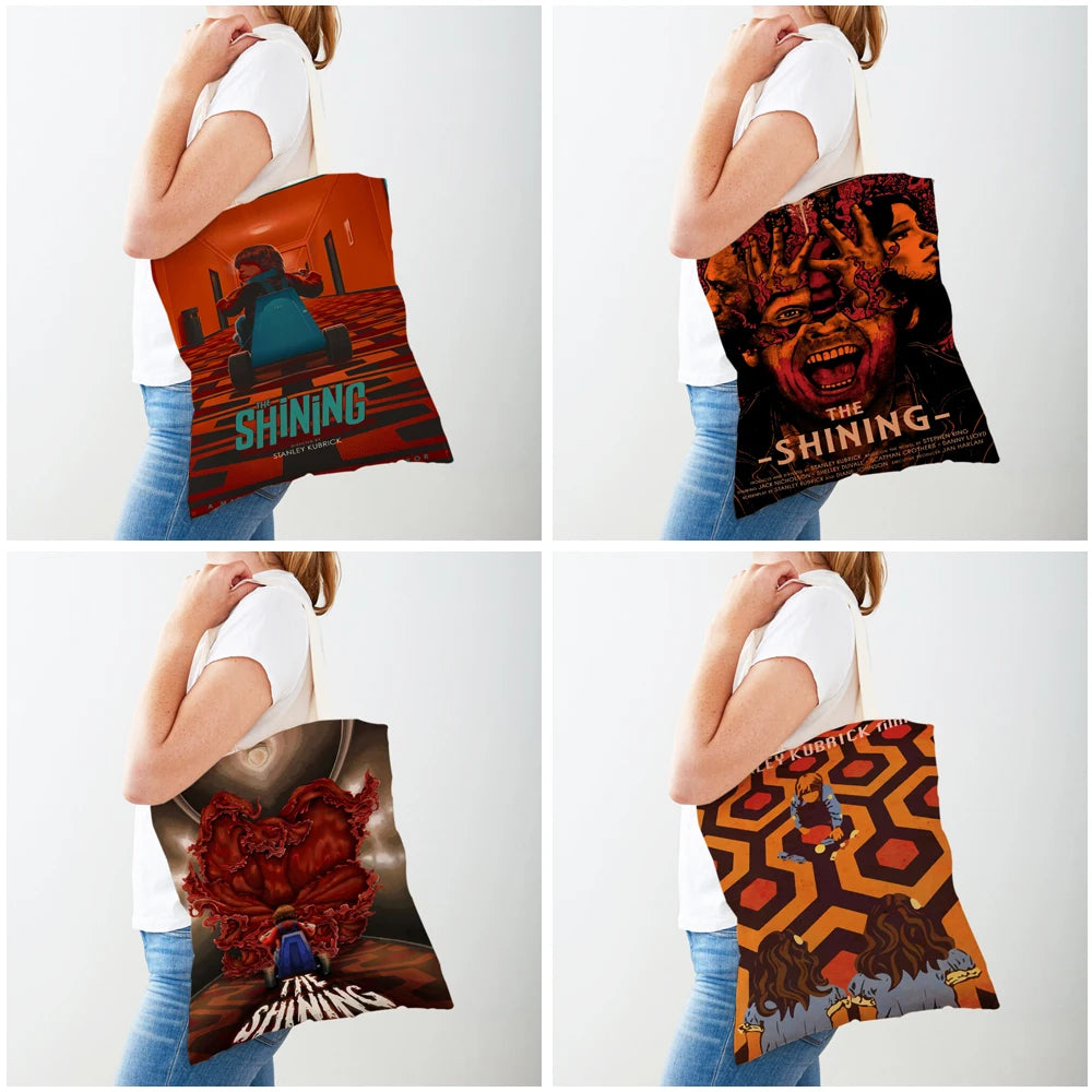 Canvas Women Shopper Bag Horror Film The Shining Lady Shopping Bags Classic Movies Double Print Foldable Cartoon Travel Handbag