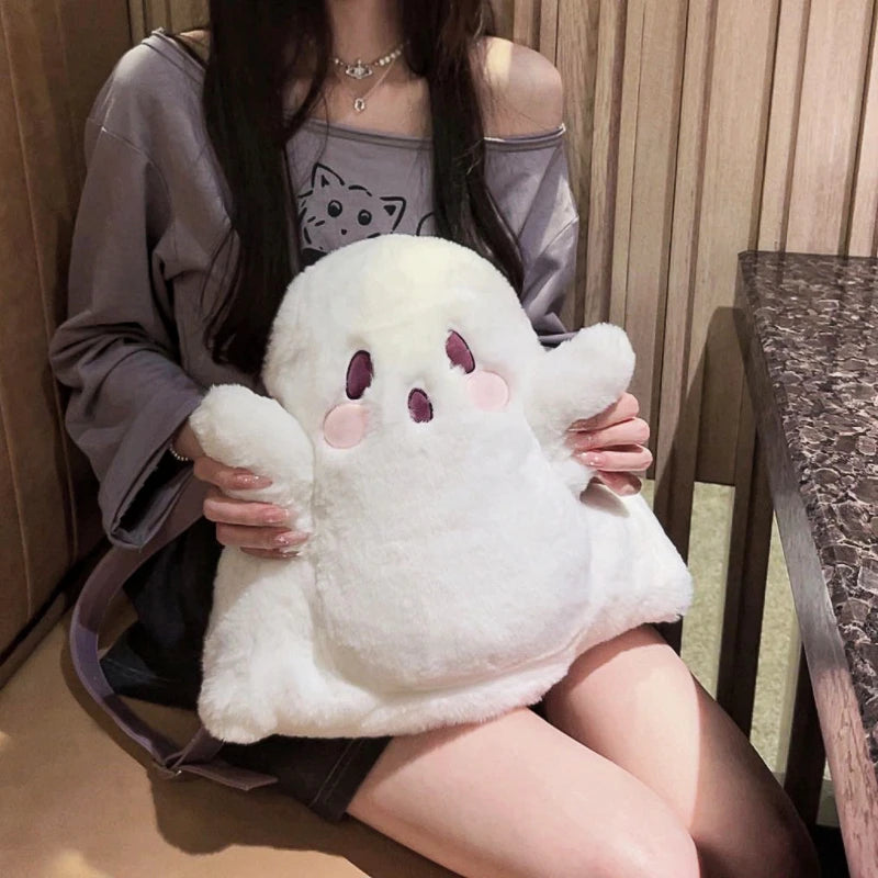 Cute Ghost Plush Backpack Kawaii Fluffy Crossbody Bag Cartoon Women Messenger Fashion Shoulder Bag Girl Casual Purse Handbag