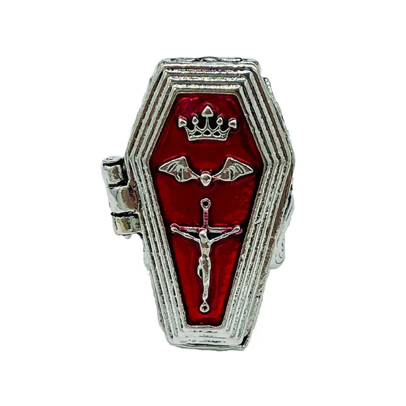 Fashion Retro Punk Vampire Coffin Gothic Cross Bat Red Openable Neutral Ring Ornament