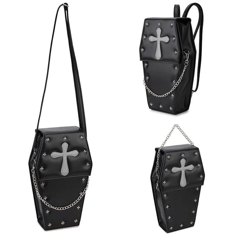 Punk Goth Style Women Shoulder Bag Fashion Coffin Shape Lolita Purses and Handbags for Girls Female Black Crossbody 3 Ways Bag