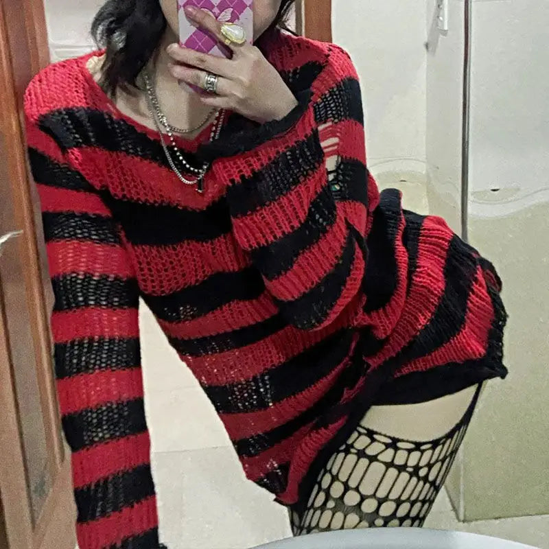 Over Size Grey Striped Gothic Lolita Sweaters Women Ripped Holes Loose Knitted Y2k Hollow Out Broken Emo Punk JK Girl Streetwear