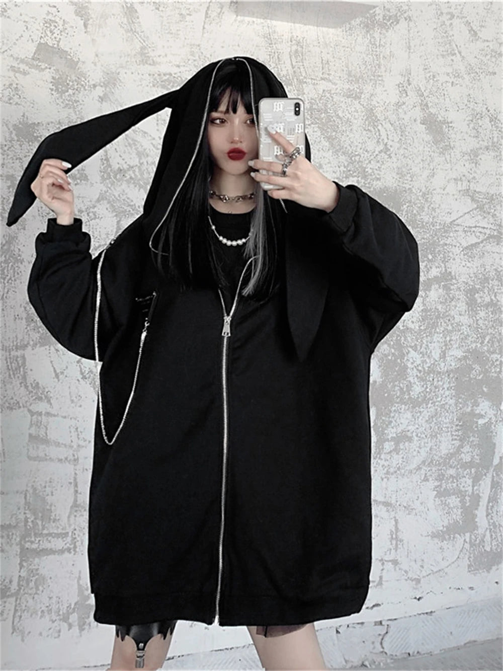 Autumn Winter Emo Bunny Hoodie Women Zip Up Kawaii Sweatshirt Rabbit Ears Jacket Black Girls Streetwear Japanese Loose Coats