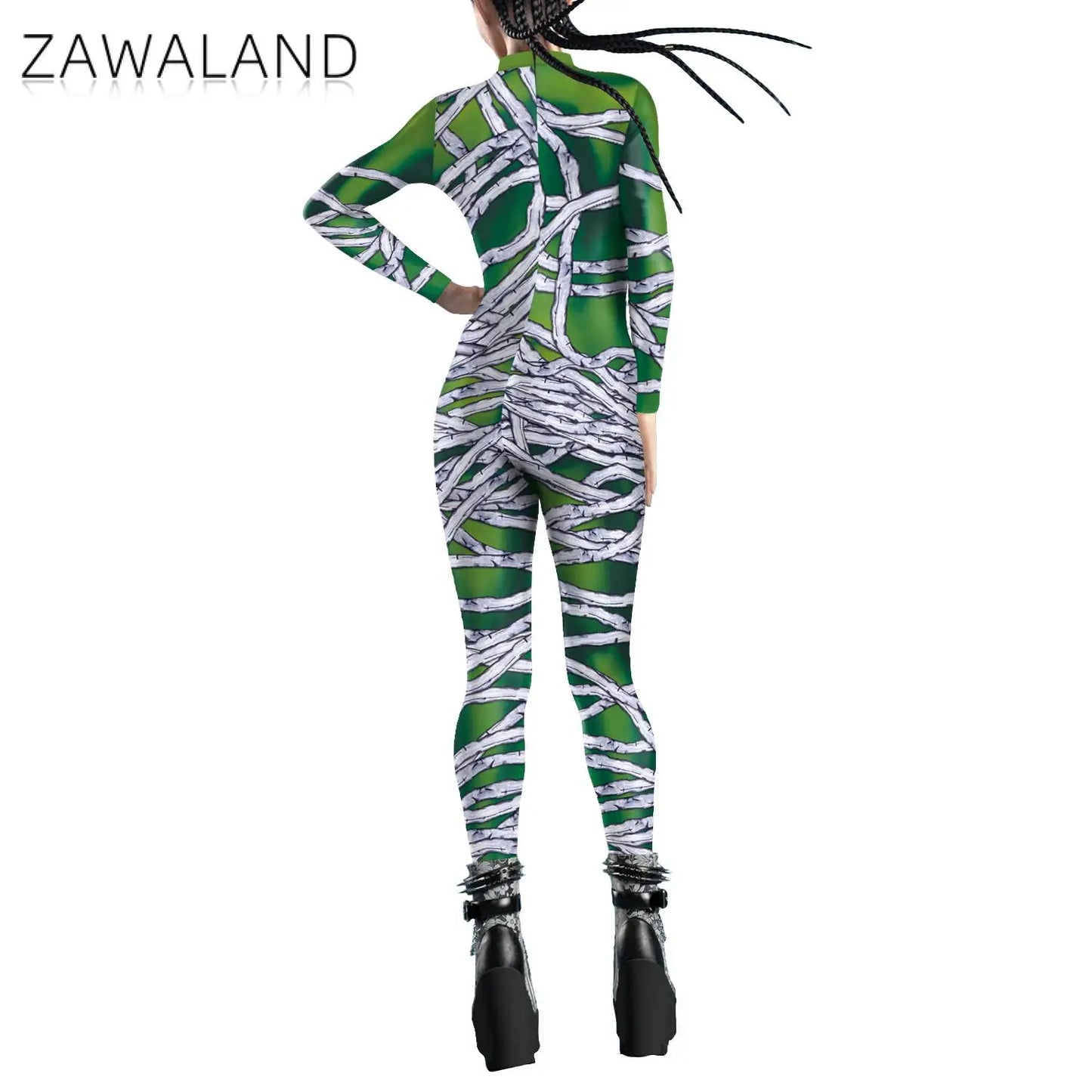 Zawaland Halloween Scary Mummy Costume Girls Cosplay Jumpsuit Carnival Party Outfit Green Zentai Bodysuit Woman Clothing Catsuit