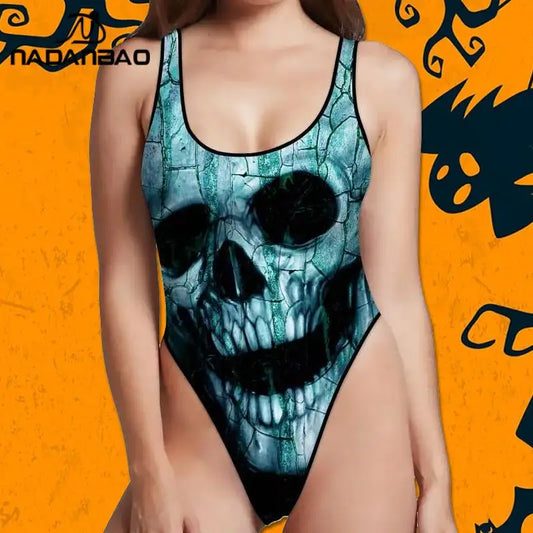 Skull Women Print Bathing Suit Bodysuit Swimwear Surfing Swimming Beachwear