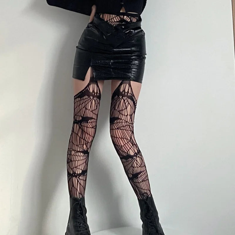 Gothic Bat Pattern Long Sexy Fishnet Stockings Punk Women Harajuku Emo Alternative Mesh Tights Skin Thigh High Garters Hosiery