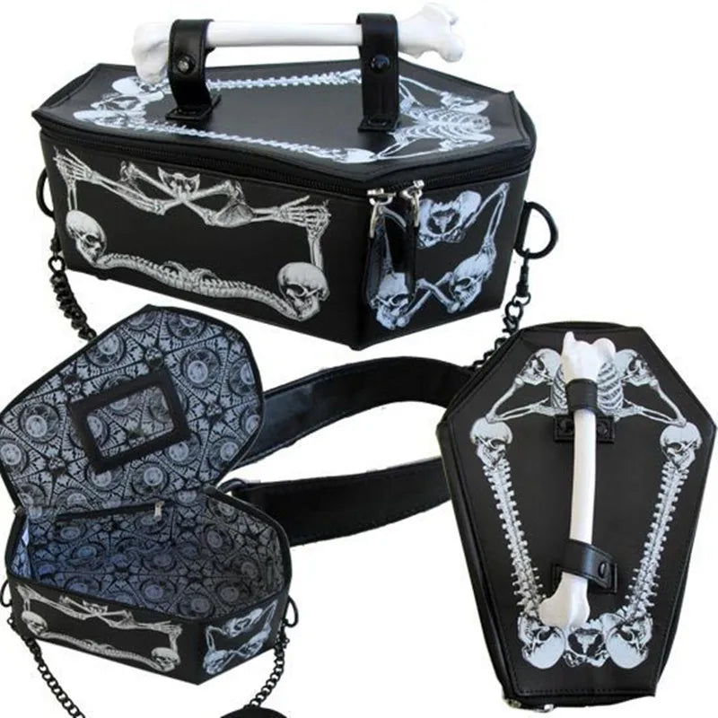 Skeleton Coffin Bag Gothic Bat Single Shoulder Bag Black PU Leather Purse Crossbody Bag