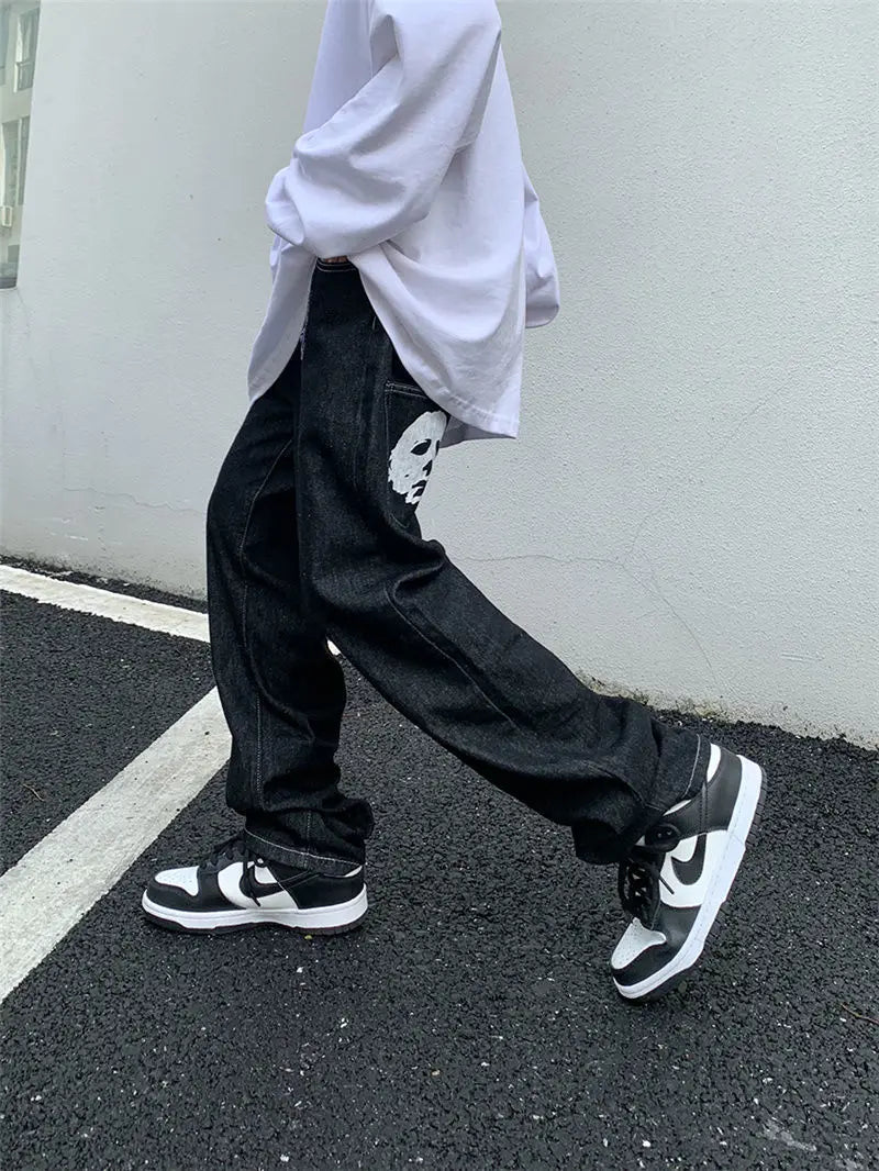 Emo Men Black Streetwear Hip Hop Skull Gothic Straight Wide Leg Cargo Pants Y2K Alt Harajuku Baggy Low Rise Jeans y2k grunge