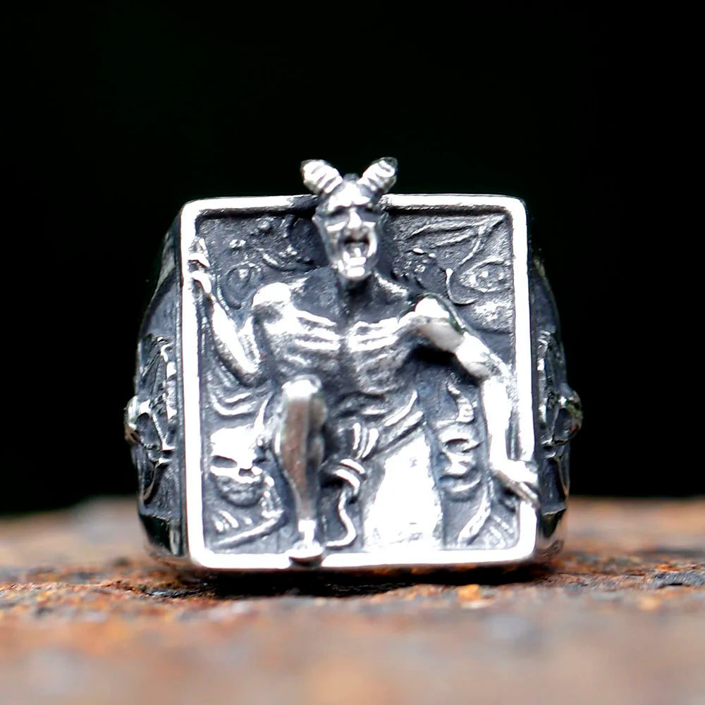 Satanic RING for men stainless steel Baphomet Goat Headed Pagan Religion Deity Jewelry Fallen Angel Lucifer free shipping