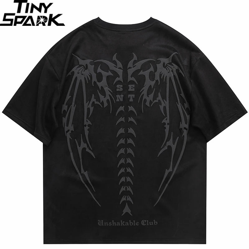 Men Suede Tshirt Streetwear Devil Wings Skeleton Graphic T-Shirt Harajuku 2023 T Shirt Unisex Top Tees Short Sleeve Hipster