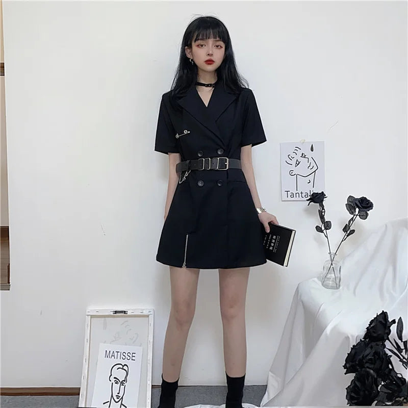 Summer New Harajuku Double Breasted Suit Short Sleeve Dress Retro Fashion Zipper Split Small Black Skirt Emo Sukienka Goth Urban