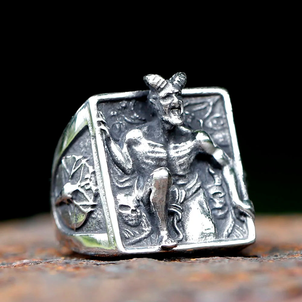 Satanic RING for men stainless steel Baphomet Goat Headed Pagan Religion Deity Jewelry Fallen Angel Lucifer free shipping