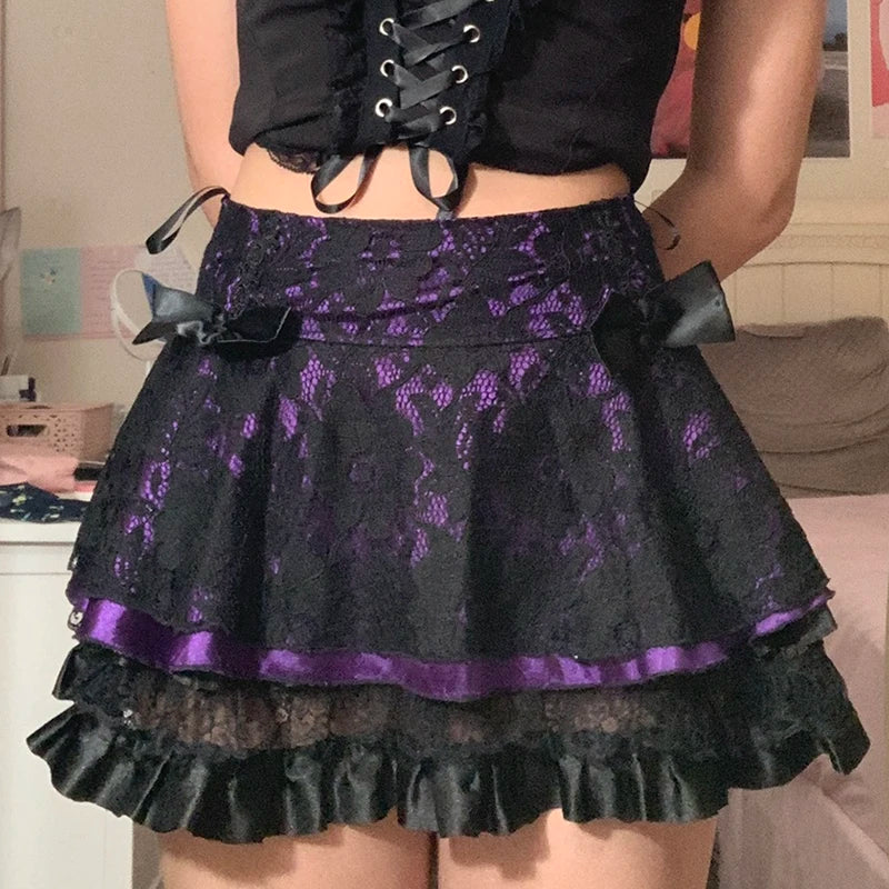 Goth Dark Mall Gothic Aesthetic Velvet Pleated Mini Skirts Women Vintage Harajuku Emo Alt Clothes High Waist Lace Ruffles Skirt