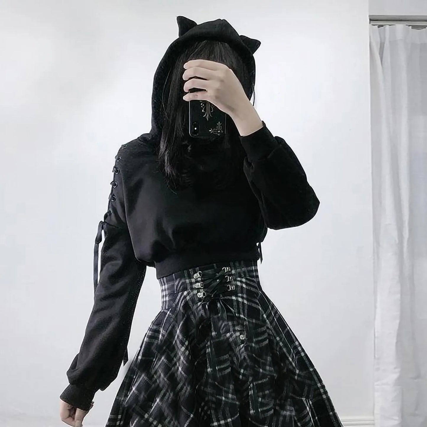 Cat Ear Cropped Hoodie Long Sleeve Black Gothic Hoodies Bandage Hollow Out Punk Hooded Sweatshirt E-Girls Y2k Clothing Gothic