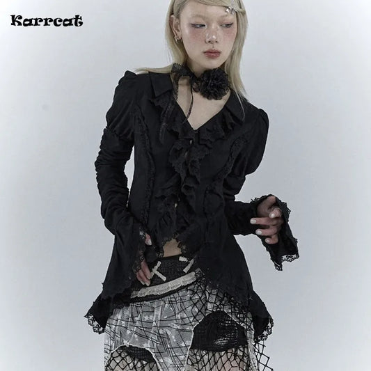 Karrcat Gothic Black Lace Shirt Dark Aesthetic Irregular Blouses Yamamoto Style Grunge Flare Sleeve V-neck Shirt Vintage Y2k Emo