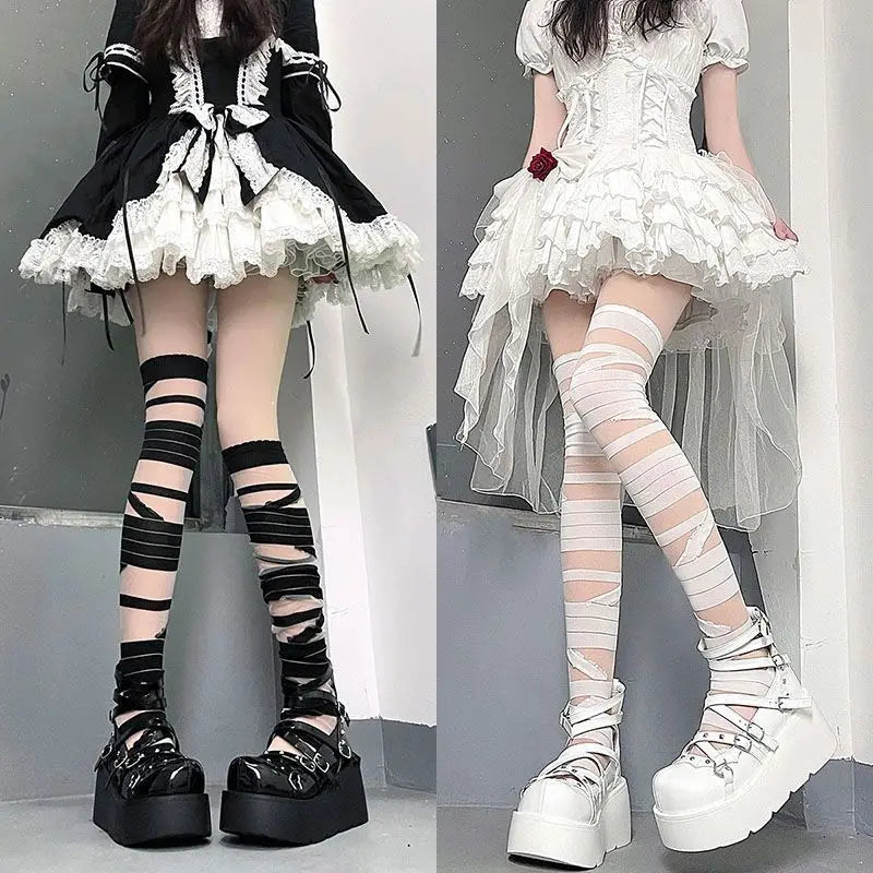 Women  Lolita Stockings Sexy Transparent Gothic White Black Socks Thigh High Long Stockings Y2k Girls Thigh Socks Stockings