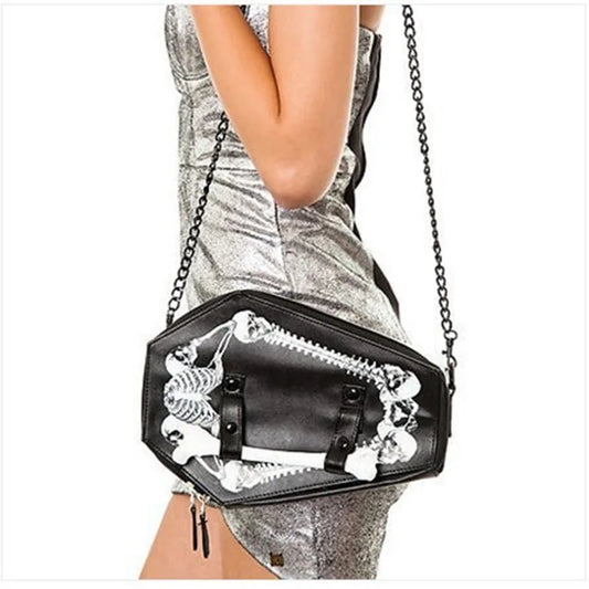 Skeleton Coffin Bag Gothic Bat Single Shoulder Bag Black PU Leather Purse Crossbody Bag