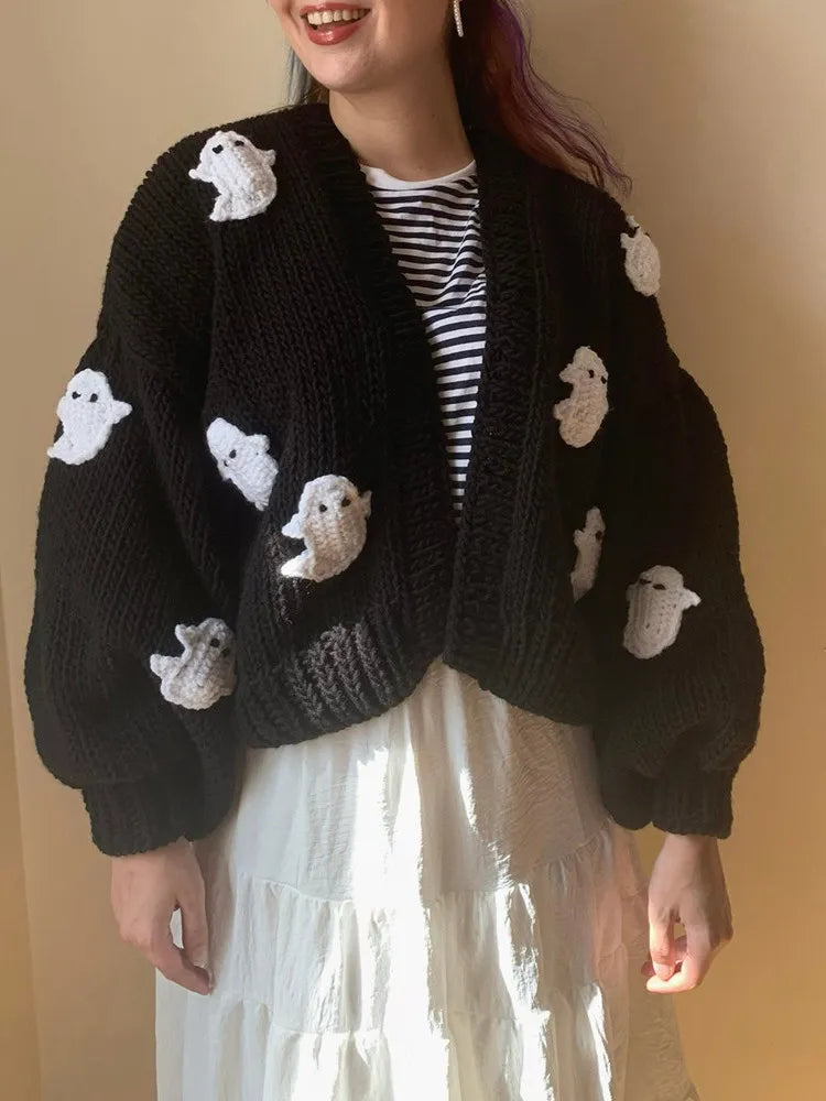 Yangelo Gothic Halloween Ghost Embroidered Loose Sweater Women's  Autumn Winter Warm Kawaii Long Sleeve Cardigan Sweater