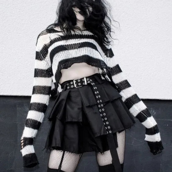 Karrram Punk Gothic Sweater Emo Tops E-girls Mall Goth Pullovers Y2k Harajuku Grunge Clothes Alt Dark Aesthetic Striped Jumpers