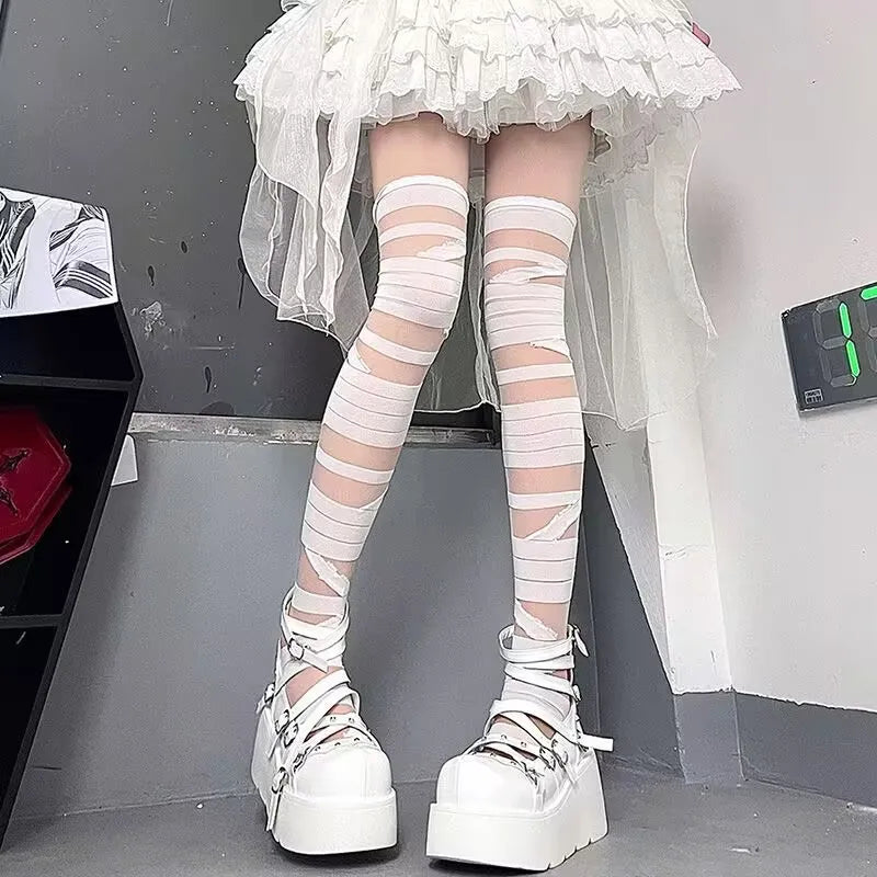 Women  Lolita Stockings Sexy Transparent Gothic White Black Socks Thigh High Long Stockings Y2k Girls Thigh Socks Stockings