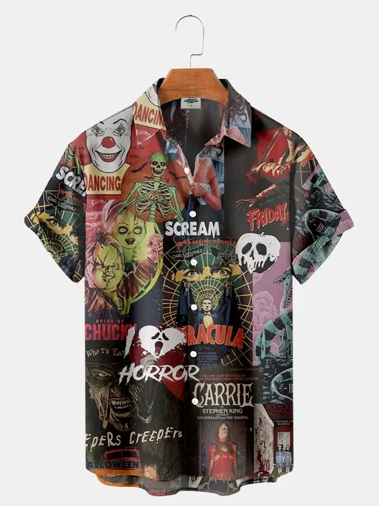 2024 Summer New Men's Shirt 3D Printed Horror Pattern Hawaiian Fashion Designer Men's Horror Shirts Movie Print 3XL Tops