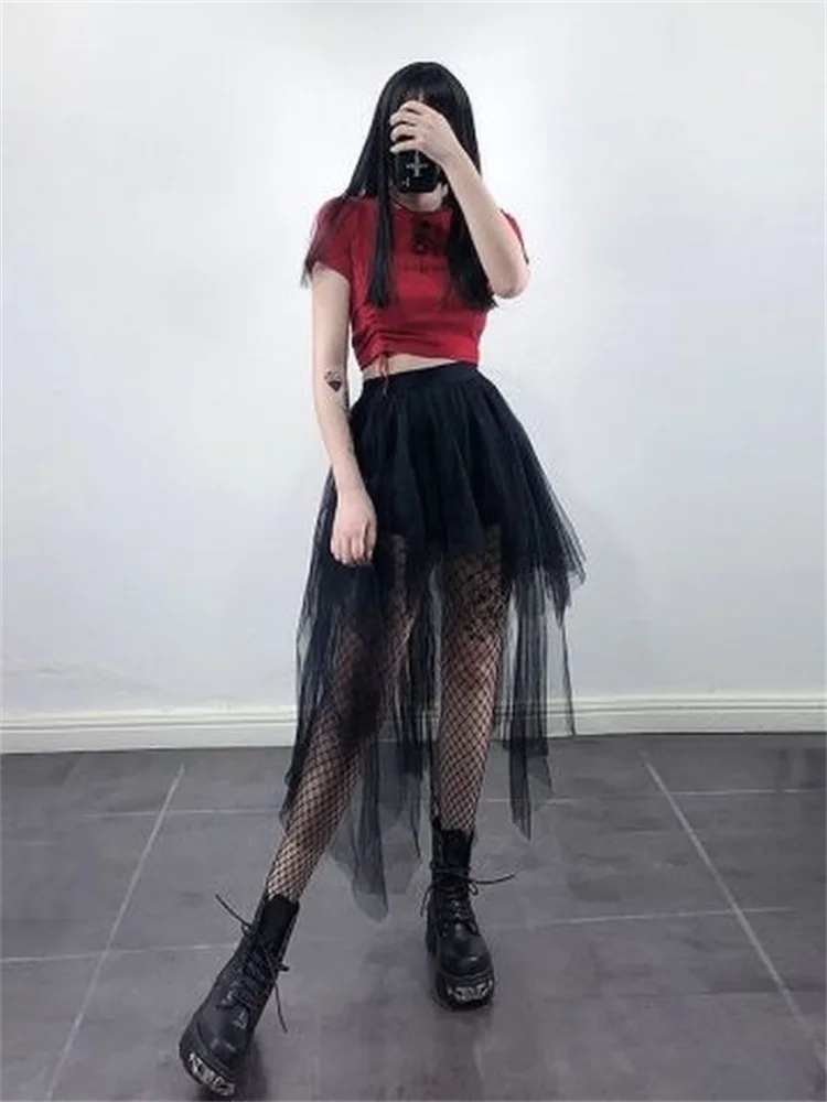 Gothic Black Mesh Long Mini Skirt Women Multilayer Irregular Dark Aesthetic Fairy Grunge Midi Skirts Punk Emo Alt Korean Fashion