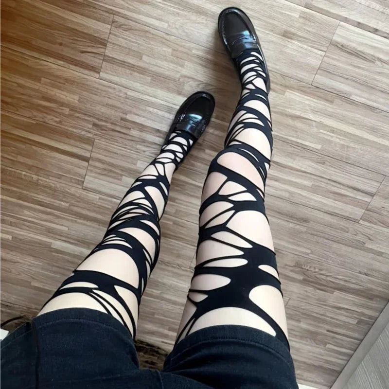 Gothic Hollow Out Pantyhose Woman  Devil  Thigh High Socks Irregular Broken Hole Stretch Fishnet Stockings