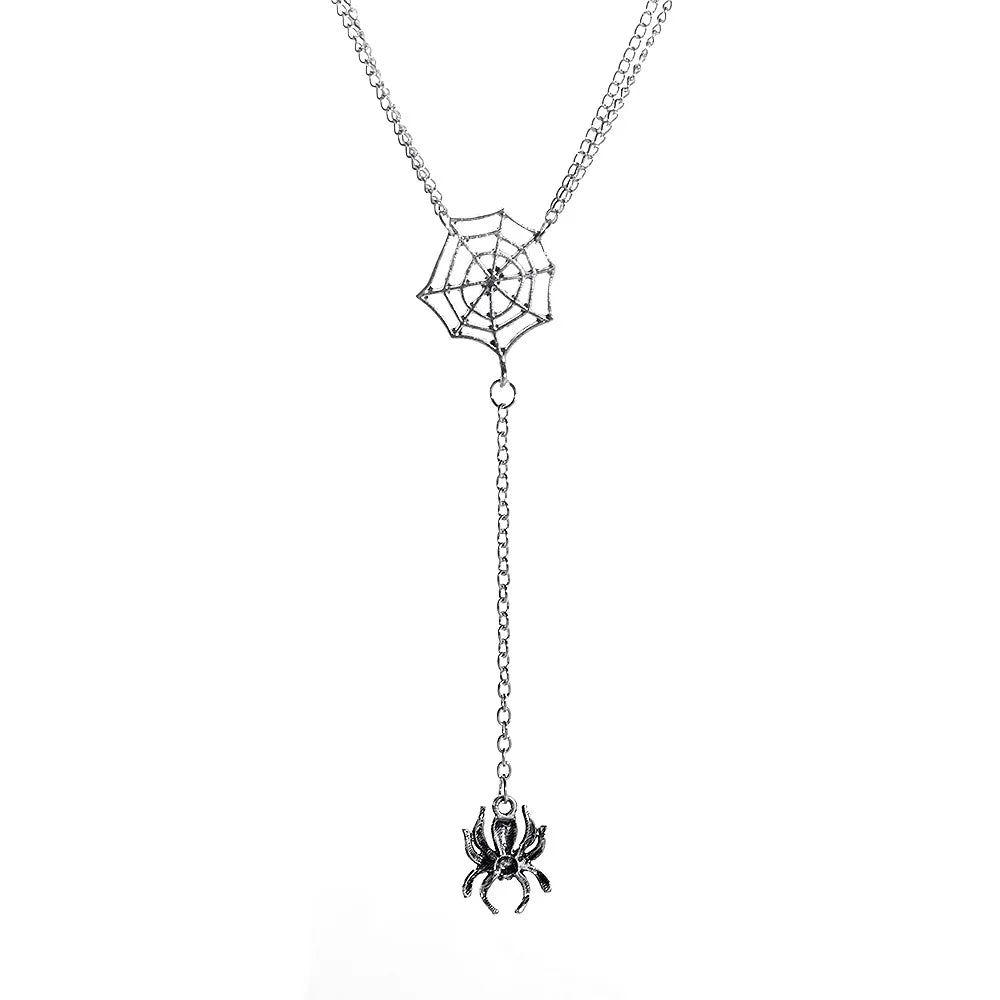 Halloween Necklaces New Creative Spider and Web Pendant Double Chain Necklace Retro Punk Style Long Sweater Chain Accessories