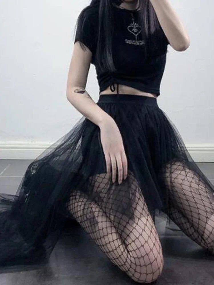 AltGoth Mall Gothic Mesh Skirt Women Fairy Grunge Harajuku Punk High Waist Irregular Skirt Emo Alternative Fairycore Skirt Femme