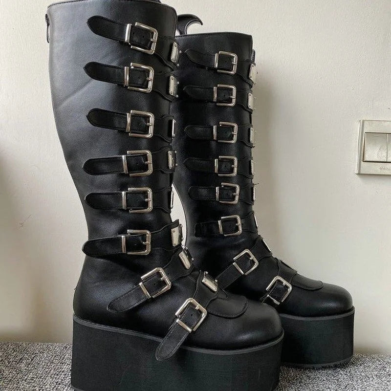 Women's High Boots Winter Long Tube Leather Knight Boot Punk Gothic Classic Black High Heel Shoes Knee-High