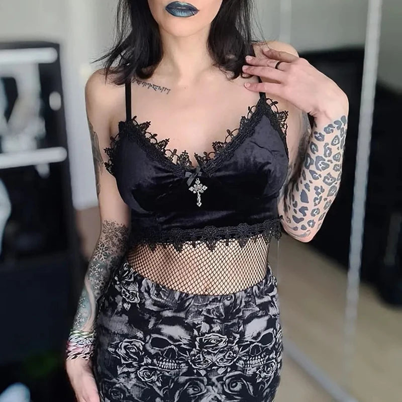 Goth Dark Mall Gothic Harajuku Velvet Camis Black Lace Trim Emo Alternative Aesthetic Crop Tops Women Backless Sexy Strap Tanks