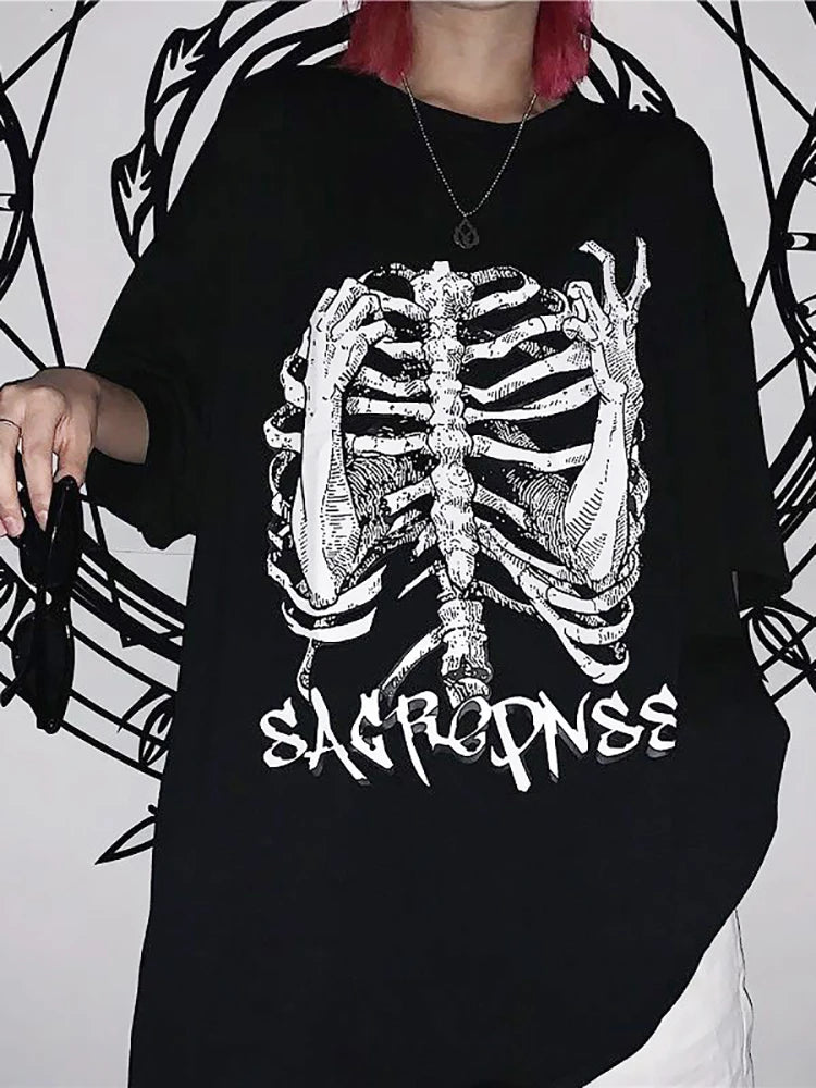 Oversized t-shirt female goth Top y2k Harajuku tops retro print skull bone Loose t-shirts with short sleeve anime graphic Shirt