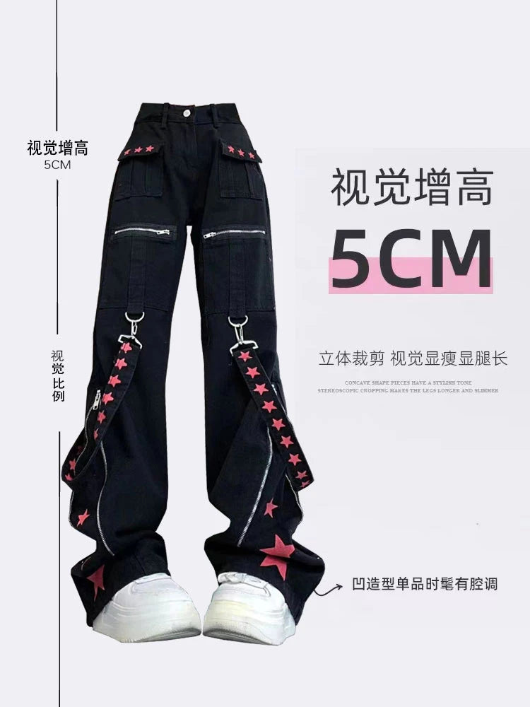 Women Black Gothic Baggy Cargo Jeans Harajuku Vintage Y2k Denim Trousers Cowboy Pants 90s Aesthetic Trashy Emo 2000s Clothes New