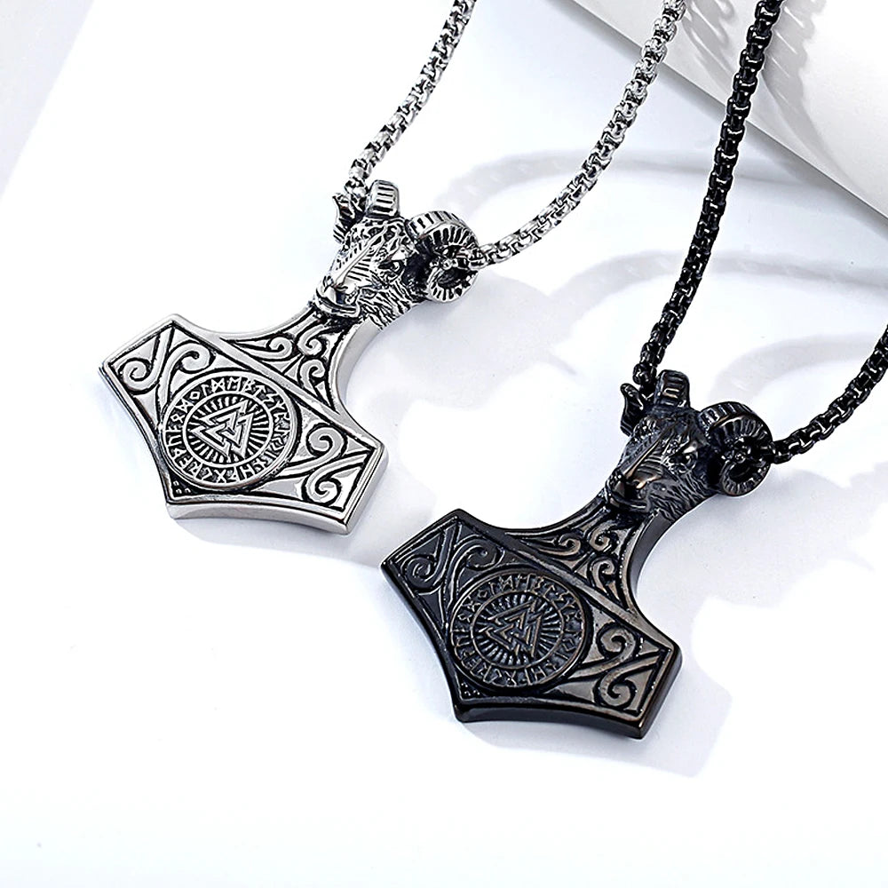 Viking Goat Head Odin Thor's Hammer Pendant Stainless Steel Creative Compass Necklace Amulet Jewelry Wholesale