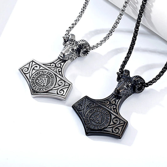 Viking Goat Head Odin Thor's Hammer Pendant Stainless Steel Creative Compass Necklace Amulet Jewelry Wholesale