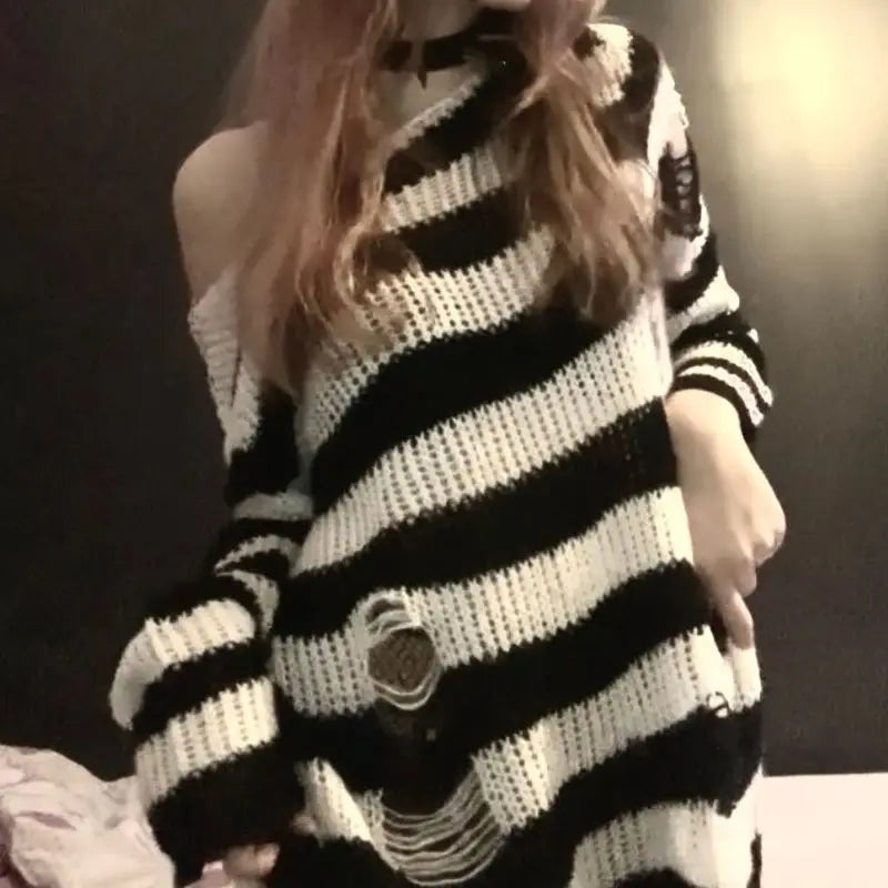 Over Size Grey Striped Gothic Lolita Sweaters Women Ripped Holes Loose Knitted Y2k Hollow Out Broken Emo Punk JK Girl Streetwear