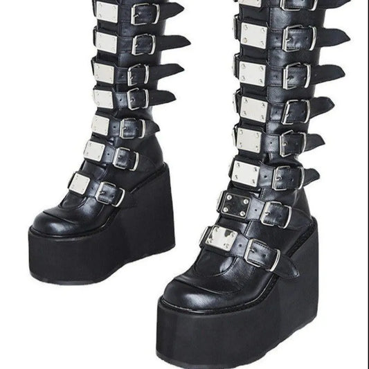 Women's High Boots Winter Long Tube Leather Knight Boot Punk Gothic Classic Black High Heel Shoes Knee-High