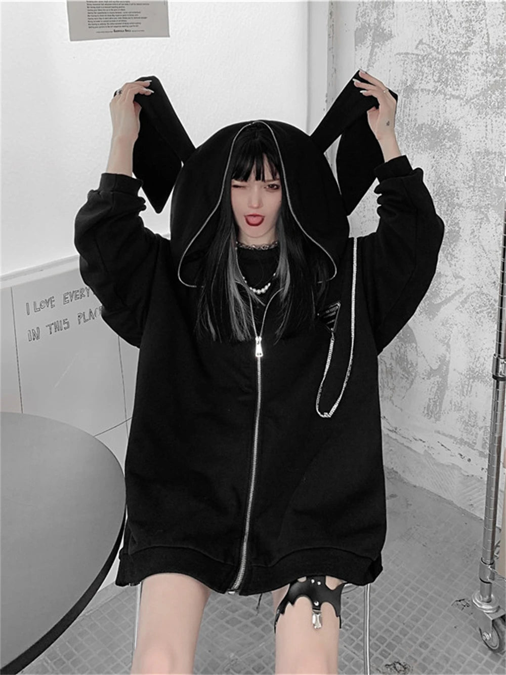 Autumn Winter Emo Bunny Hoodie Women Zip Up Kawaii Sweatshirt Rabbit Ears Jacket Black Girls Streetwear Japanese Loose Coats